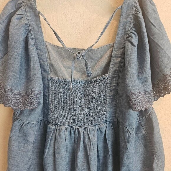 Old Navy boho Western baby doll blue shirt embroidery Smocked Puff Sleeve XXL - Picture 5 of 8